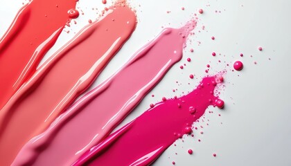 Abstract close-up of vibrant pink and red nail polish swatches on white background. Glossy liquid texture with droplets and brush strokes shows cosmetic art and design. Feminine, trendy collection.