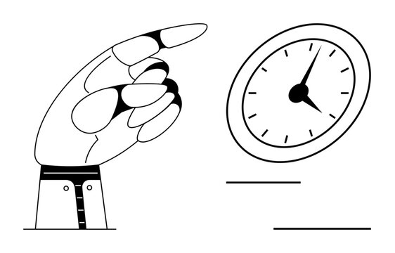 Robotic hand pointing at an analog clock, emphasizing urgency. Ideal for punctuality, deadlines, time management, automation, focus, prioritization productivity. Simple flat metaphor - Powered by Adobe