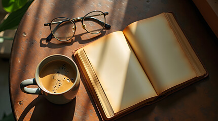 Top view of a worn rustic wooden table with a steaming cup of coffee in a ceramic mug .