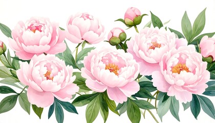 Delicate pink peonies in a horizontal floral arrangement