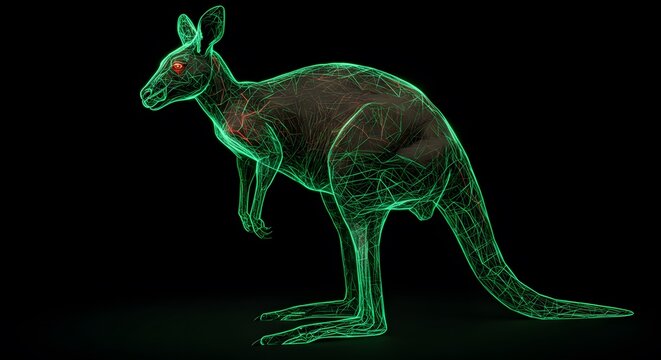 Neon Green Wireframe Kangaroo Digital Art  3D Model Rendering Illustration