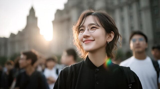 Young woman smiles in crowd in the sunlight