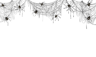 Watercolor illustration of a spider web with spiders, banner, border, and Halloween design. Horizontal frame with copy space. Decoration and design elements.