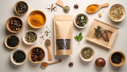 Assorted herbs and teas, flat lay