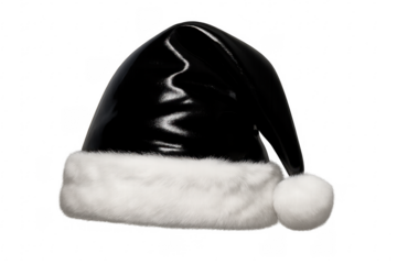 Black santa claus hat with white fur on transparent background