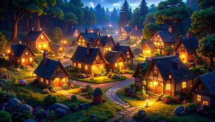 Enchanting Night in a Fairytale Village: Cozy Cottages, Winding Paths, and Glowing Lights