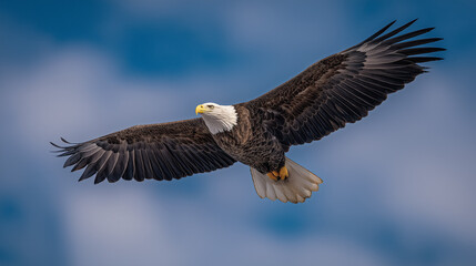 Fototapeta premium Majestic bald eagle soaring through blue sky, wings fully spread, sharp details against clouds