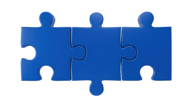 Isolated three blue puzzle pieces connected together, a concept of teamwork, connection