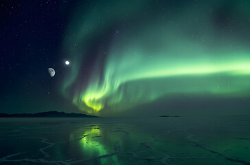 Naklejka premium Green aurora over frozen flats with moon reflection