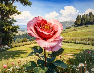 A large, vibrant pink rose in a picturesque landscape