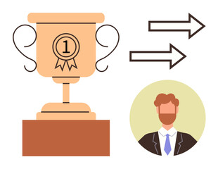 Trophy with number one ribbon beside a professional man figure and two arrows. Ideal for success, leadership, motivation, career growth, personal development, goal setting, and competition concepts