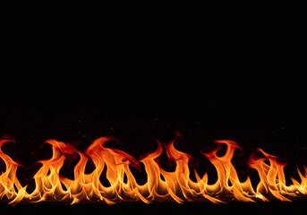 Horizontal Line Of Realistic Fire Flames On Black Background For Heat, Danger, And Energy Concepts