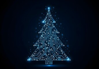 Digital christmas tree made of glowing blue circuit board lines on dark background