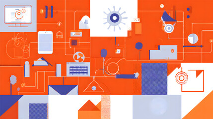 Abstract digital technology illustration with various connected devices and icons.