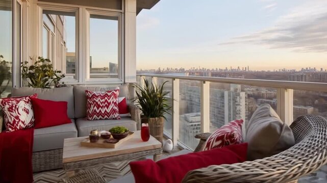 A high-rise balcony furnished with gray wicker furniture and red patterned cushions, showcasing a panoramic cityscape view.