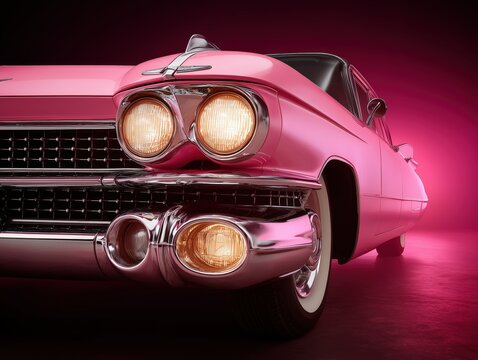 close up of vintage pink cadillac front lights and chrome details