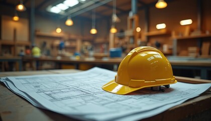 Yellow hard hat rests on construction blueprints. Busy woodworking shop interior, timbering materials, machinery in background. Craftsmanship, project design, engineering planning, safety gear.
