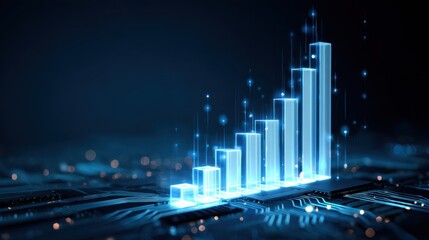 Futuristic glowing blue bar graph showing upward trend on dark background