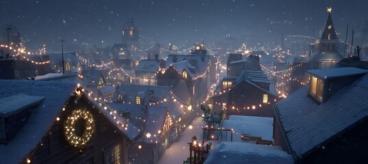 Enchanting winter cityscape aglow with christmas lights and a soft blanket of snow, creating a festive atmosphere