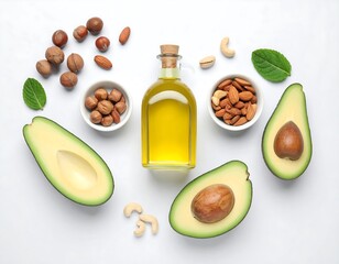 Assorted nuts, avocado, and oil on a white background