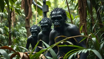 Three dark figures with spiky hair in a jungle environment with dense green foliage around them on transparent background