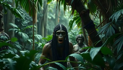 A depiction of hominids in a lush jungle environment with dense foliage and a sense of primal existence on transparent background