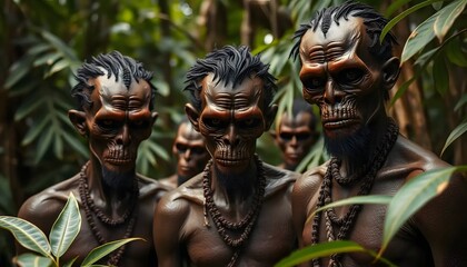 A group of tribal men with dark skin and intricate hairstyles standing in a dense jungle setting on transparent background