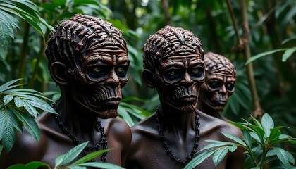 Three figures with dark skin and intricate head designs stand in a lush green jungle setting outdoors on transparent background