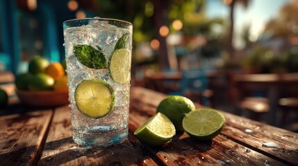 Fototapeta premium Refreshing summer drink with lime and mint, on a weathered wooden surface