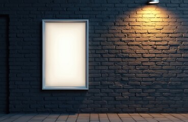 Minimalist shot of white poster frame mounted on dark brick wall. Illuminated by spotlight, frame offers ample blank copy space on right side for text. Perfect for displaying advertisements, art,