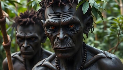 Close up of two dark skinned men with dreadlocks in a jungle environment with intense stares on transparent background