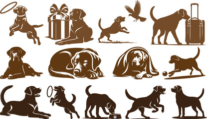 Collection of dog silhouettes in playful, sitting, running, and travel themes with suitcase, gifts, and pets. Perfect for t-shirt designs, logos, posters, stickers, and vector projects.