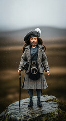 Doll in Harris Tweed dressed in a traditional Scottish costume on a moor, evoking the spirit of the Highlands on a rainy day