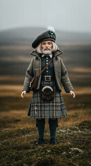 Doll in Harris Tweed dressed in a traditional Scottish costume on a moor, evoking the spirit of the Highlands on a rainy day