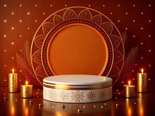 A festive podium scene with a round central stage featuring a decorative golden circular frame as the backdrop