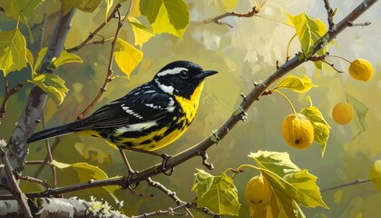 A Vibrant Bird Perched on a Branch, Autumnal Hues
