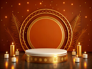 A festive podium scene with a round central stage featuring a decorative golden circular frame as the backdrop