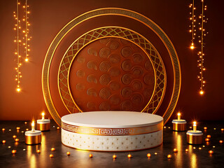 A festive podium scene with a round central stage featuring a decorative golden circular frame as the backdrop