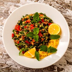 A vibrant salad of grains, vegetables, and herbs