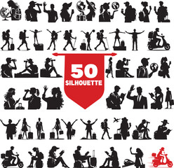 Set of 50 black silhouettes of people in different poses and activities including travel, business, fashion, sports, and daily lifestyle. Perfect vector elements for design and creative projects.
