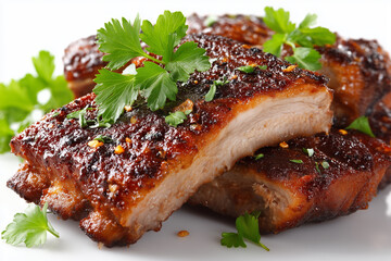 Barbecue ribs and fresh herbs isolated on white background.