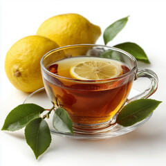 Glass teacup, filled with cup of tea, surrounded by lemons and leaves, placed on saucer, isolated on white background.