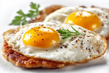 Fried eggs topped with black pepper and herbs, on white background.