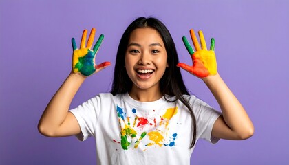 Joyful Young Woman with Rainbow-Painted Hands and Shirt