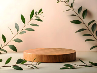 Minimalist wooden round podium on a soft beige background