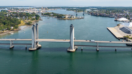 Aerial view of the Sarah Mildred Long Bridge crossing the Piscataqua River with Portsmouth...