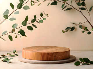 Minimalist wooden round podium on a soft beige background