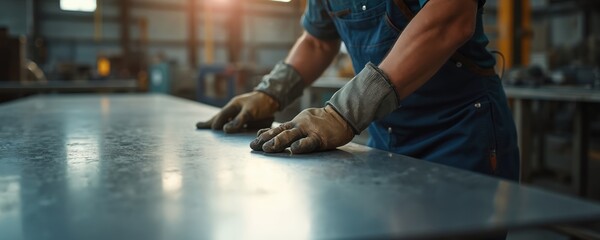 Metalworker in blue overalls, protective gloves shapes aluminum panels in fabrication shop. Focus on hands guiding metal for precision engineering, custom metalwork. Industrial manufacturing process