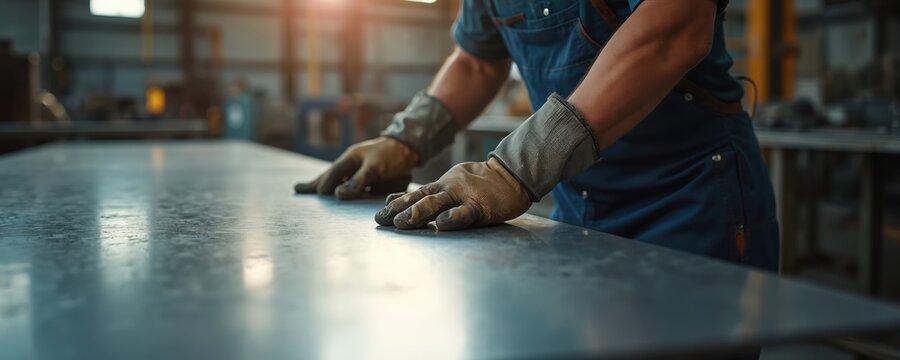 Metalworker in blue overalls, protective gloves shapes aluminum panels in fabrication shop. Focus on hands guiding metal for precision engineering, custom metalwork. Industrial manufacturing process