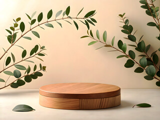 Minimalist wooden round podium on a soft beige background